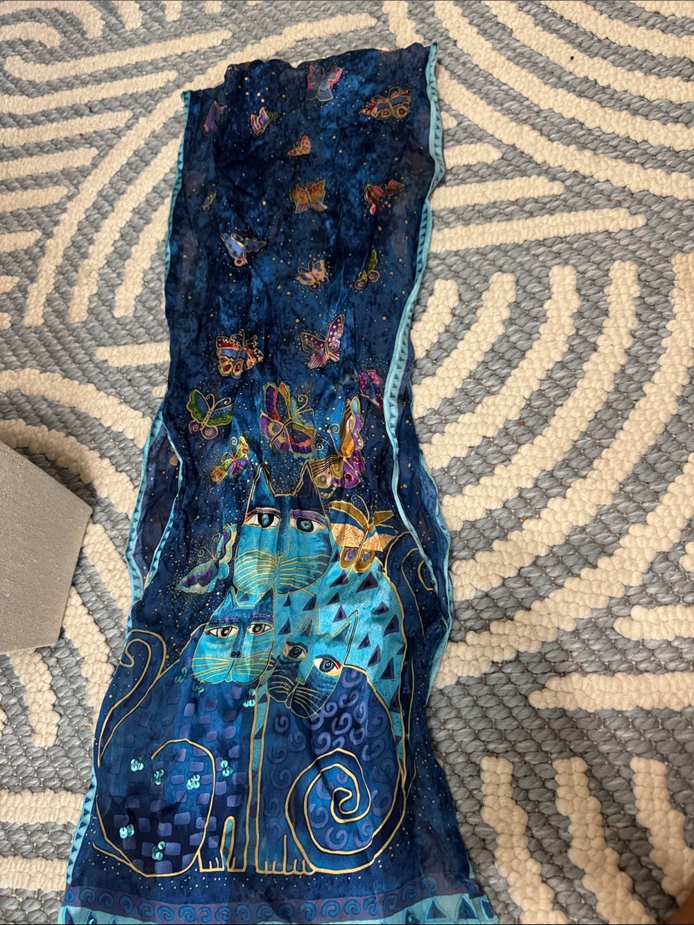 Laurel Burch Indigo Cats & Butterflies 100% Silk Sequin Scarf - Picture 6 of 6
